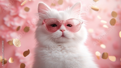 Fluffy white cat wearing glittery pink sunglasses with gold confetti on pink background photo