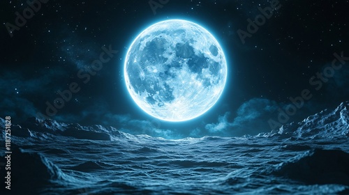 Beautiful full moon shining over a tranquil ocean during a clear night sky