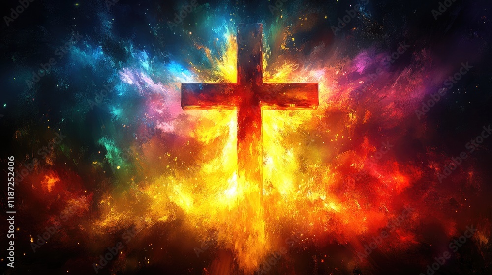 Vibrant fiery cross with colorful ethereal background. Easter, Pascha, Paskha, Ostern, Pascua, Paques - Orthodox and Catholic Holiday celebration Vibrant fiery cross with colorful ethereal background. Easter, Pascha, Paskha, Ostern, Pascua, Paques - Orthodox and Catholic Holiday celebration