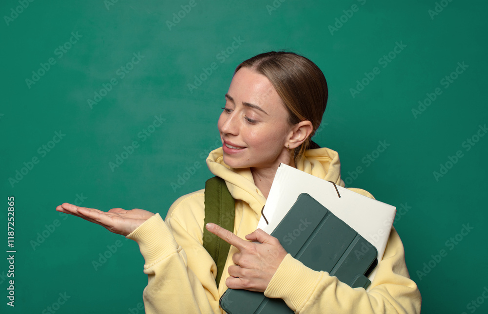 smiling, feeling happy, carefree and satisfied, pointing to concept or idea on copy space on the side smiling, feeling happy, carefree and satisfied, pointing to concept or idea on copy space on the side