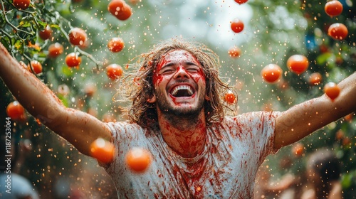 Caucasian young man enjoying tomato festival with joyful expression and colorful tomatoes. La Tomatina, Tomato Fight Festival, Bunol Tomato Festival - Spanish Food Battle Celebration photo