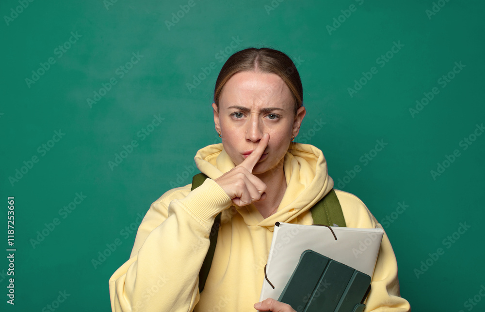 looking serious and displeased with both fingers crossed up front in rejection, asking for silence looking serious and displeased with both fingers crossed up front in rejection, asking for silence