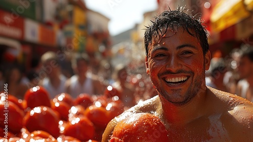 Hispanic adult man smiling at vibrant tomato festival in sunny street. La Tomatina, Tomato Fight Festival, Bunol Tomato Festival - Spanish Food Battle Celebration photo