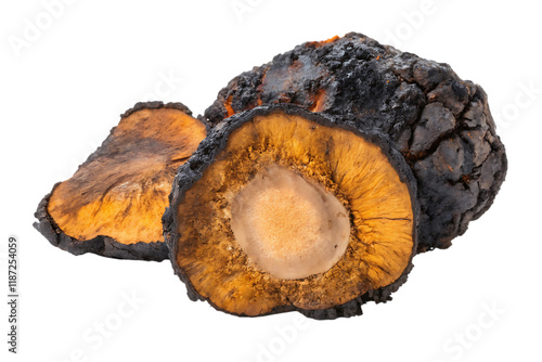 chaga healthy vitality mushroom, Inonotus obliquus, isolated on white background PNG.AI GENERATED photo