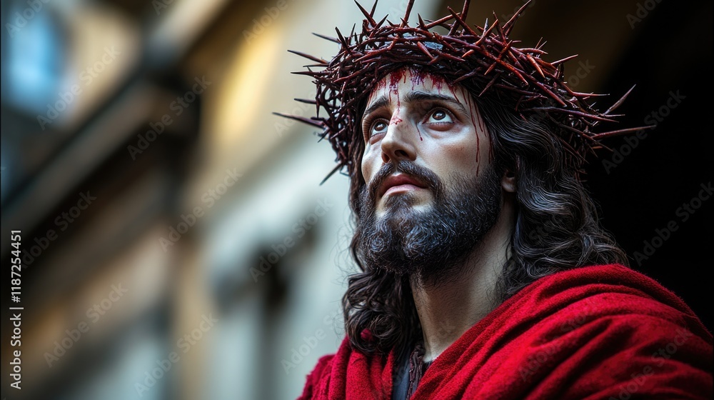 Portrait of man with crown of thorns, caucasian, adult, wearing red robe. Easter, Pascha, Paskha, Ostern, Pascua, Paques - Orthodox and Catholic Holiday celebration Portrait of man with crown of thorns, caucasian, adult, wearing red robe. Easter, Pascha, Paskha, Ostern, Pascua, Paques - Orthodox and Catholic Holiday celebration