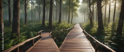 Wooden walkway extending through a beautiful forest with tall trees, platform, forest