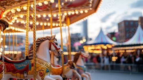 An enchanting carousel with elegant, ornate horses spins at sunset, casting a magical glow in a lively fairground atmosphere. photo