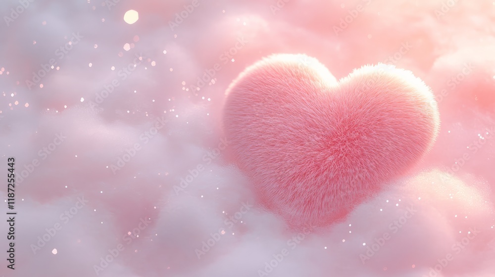 Obraz premium Pink fluffy heart nestled on soft, dreamy clouds adorned with sparkling lights, creating a romantic atmosphere ideal for valentine's day or any celebration of love