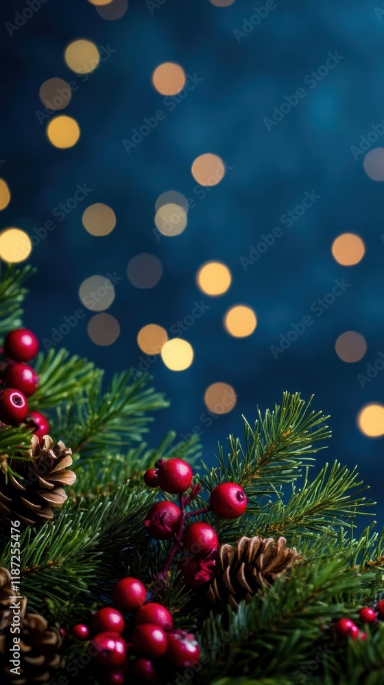 Naklejka premium Christmas garland with bokeh lights on blue background