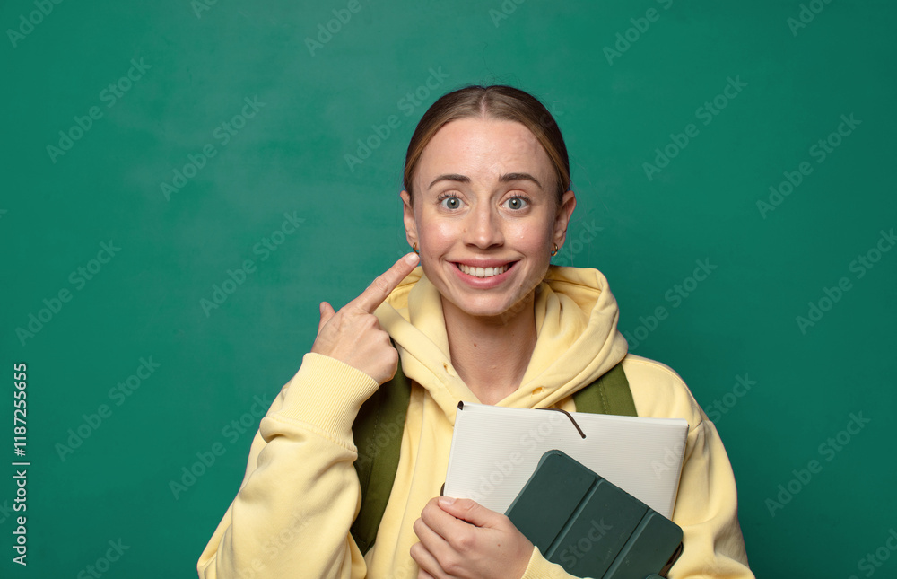 smiling confidently pointing to own broad smile, positive, relaxed, satisfied attitude smiling confidently pointing to own broad smile, positive, relaxed, satisfied attitude