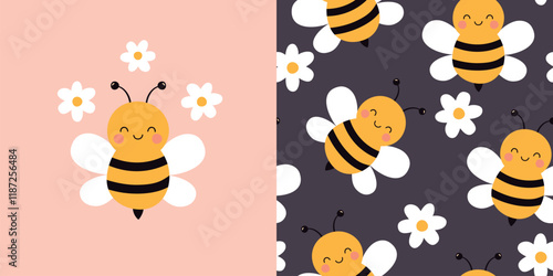 Cute bee card and seamless pattern. Background for kids with bees and daisies. Vector illustration. It can be used for wallpapers, wrapping paper, greeting cards, clothing patterns, and more.