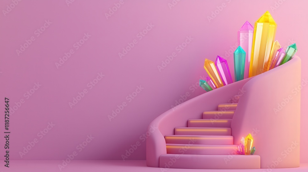 Obraz premium Stylish pink staircase adorned with colorful crystals.