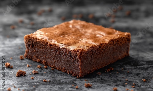 Chocolate brownie, close-up, dark background, delicious treat photo