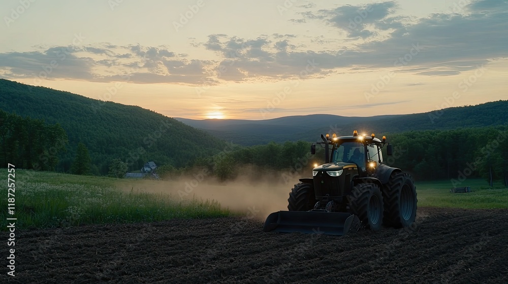 Fototapeta premium Tractor working diligently to plow the field as dust rises, under a bright blue sky adorned with fluffy clouds and lush green trees