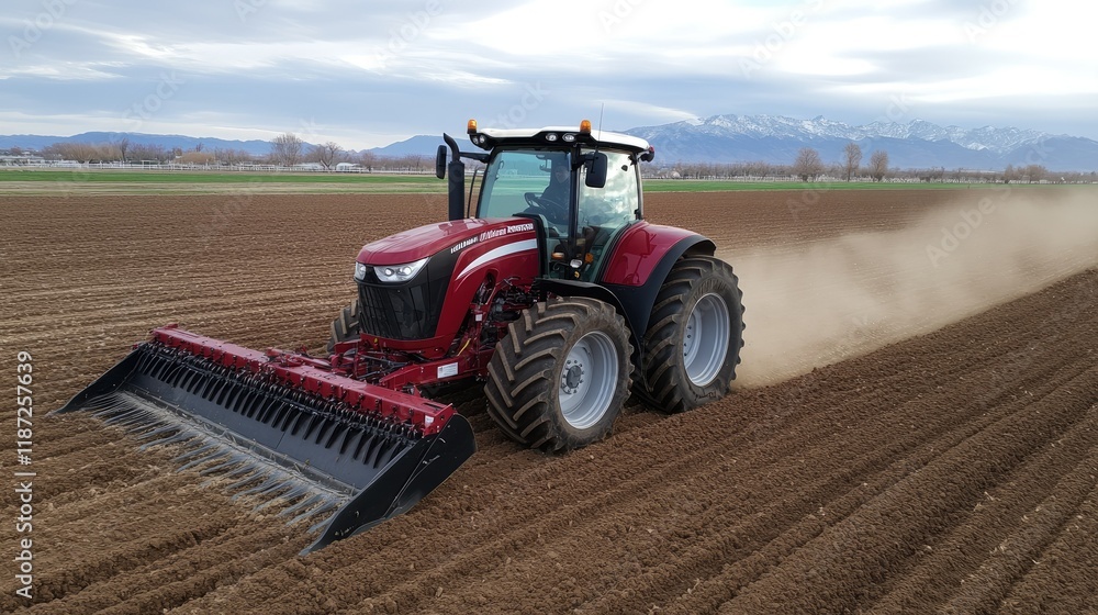 Obraz premium Tractor working diligently to plow the field as dust rises, under a bright blue sky adorned with fluffy clouds and lush green trees