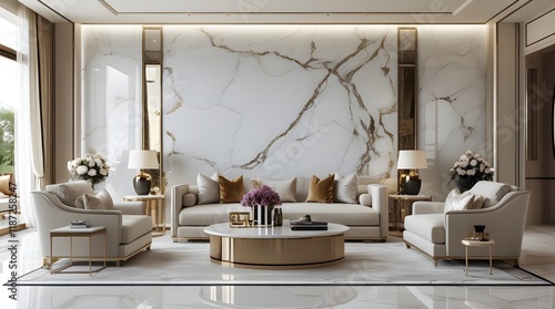 Modern Living Room with White Marble Backdrop Reflecting Elegance and Refinement