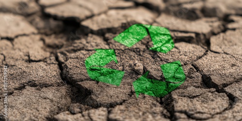 This powerful image of cracked earth adorned with a recycle symbol conveys urgent themes of environmental degradation and the vital importance of sustainable practices in our world. photo