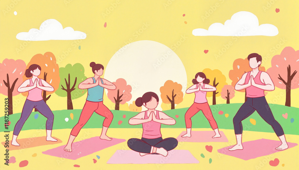 Diverse group practicing yoga outdoors in sunny park, healthy lifestyle Diverse group practicing yoga outdoors in sunny park, healthy lifestyle