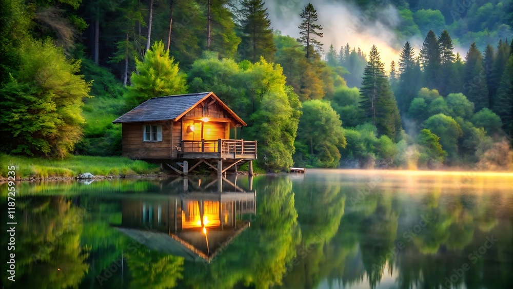Fototapeta premium Tranquil Lakeside Cabin with Lush Greenery and Reflective Waters