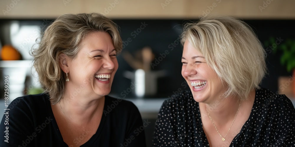 The image features two joyful women, sharing a heartfelt laugh in a modern kitchen, capturing the essence of friendship and happiness in a warm environment. The image features two joyful women, sharing a heartfelt laugh in a modern kitchen, capturing the essence of friendship and happiness in a warm environment.