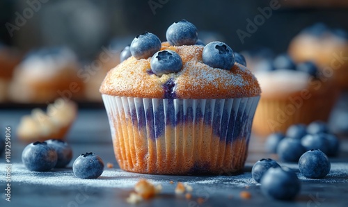 Blueberry muffin close-up on dark surface (1) photo