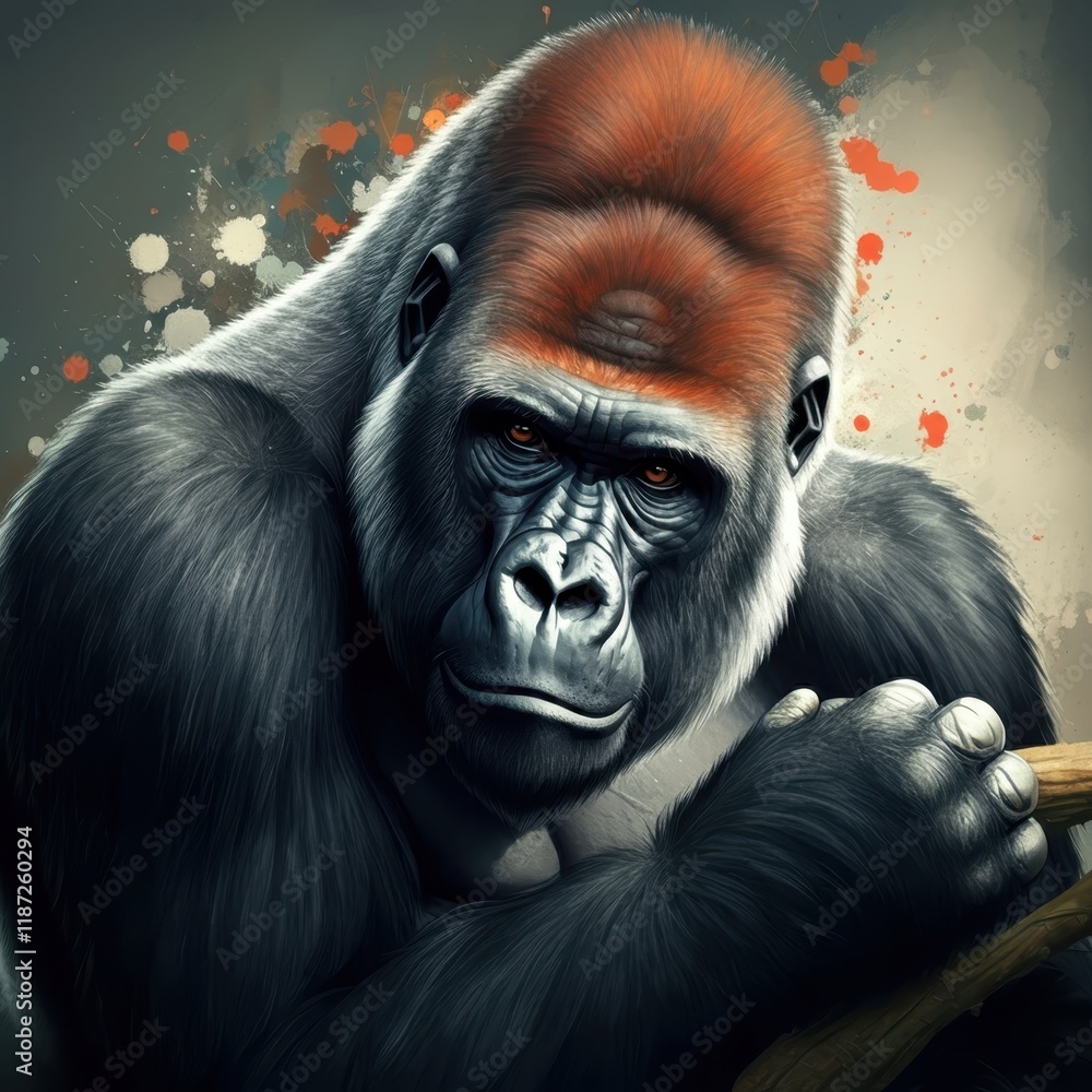 Majestic gorilla portrait, vibrant graffiti background, holding golden paintbrush, intense gaze, colorful splatter effects, urban art style, hyper-realistic fur texture, dark black fur, expressive eye Majestic gorilla portrait, vibrant graffiti background, holding golden paintbrush, intense gaze, colorful splatter effects, urban art style, hyper-realistic fur texture, dark black fur, expressive eye