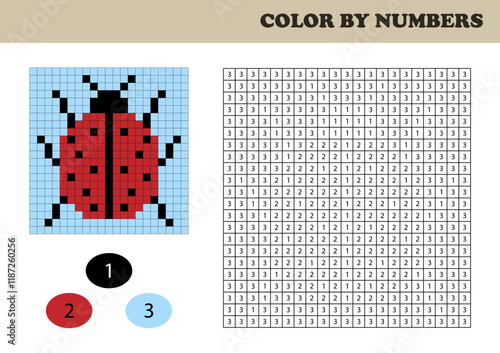 Color by numbers, education game for children. Coloring book with numbered squares. Drawing kids activity. Insect. Ladybug.