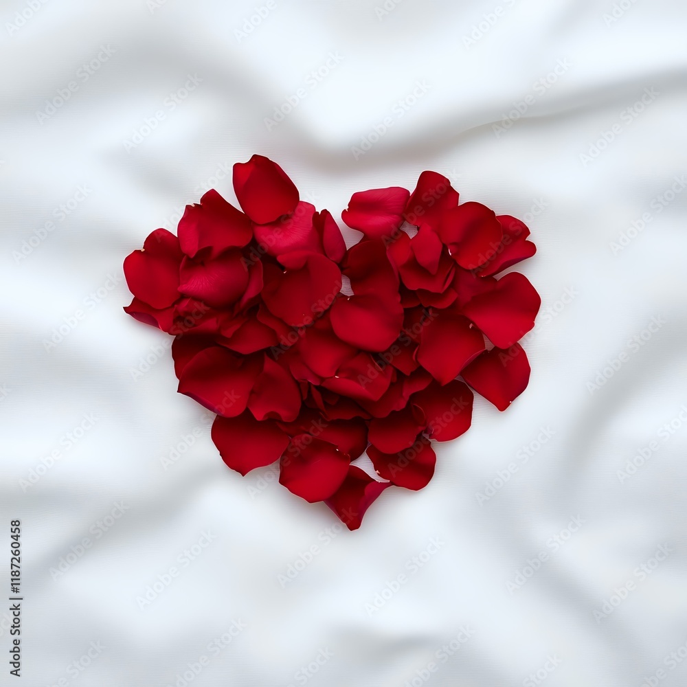 Red rose petals heart shape on white fabric background, romantic, love, Valentine's Day, wedding, design Red rose petals heart shape on white fabric background, romantic, love, Valentine's Day, wedding, design