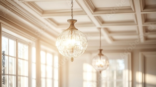 Interior with two glass lights hanging from a coffered ceiling near windows.