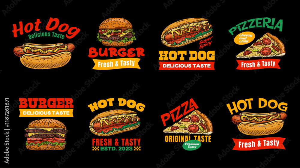 Obraz premium Set of fast-food restaurant labels and logos. Vector vintage fast food logos set. Retro eating signs collection. Burger, hot dog and pizza logo vector template