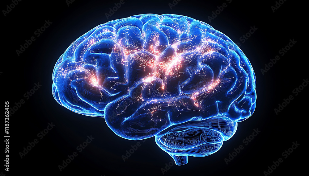 A glowing electric brain with neural connections highlighted in bright neon colors. The black background emphasizes the vibrant brain. A glowing electric brain with neural connections highlighted in bright neon colors. The black background emphasizes the vibrant brain.