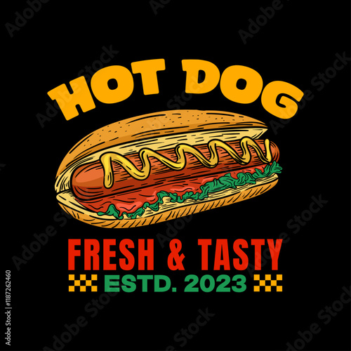 Hot dog logo design template isolated. Retro hot dog logo vector. Hand drawn vintage Hot dog emblem