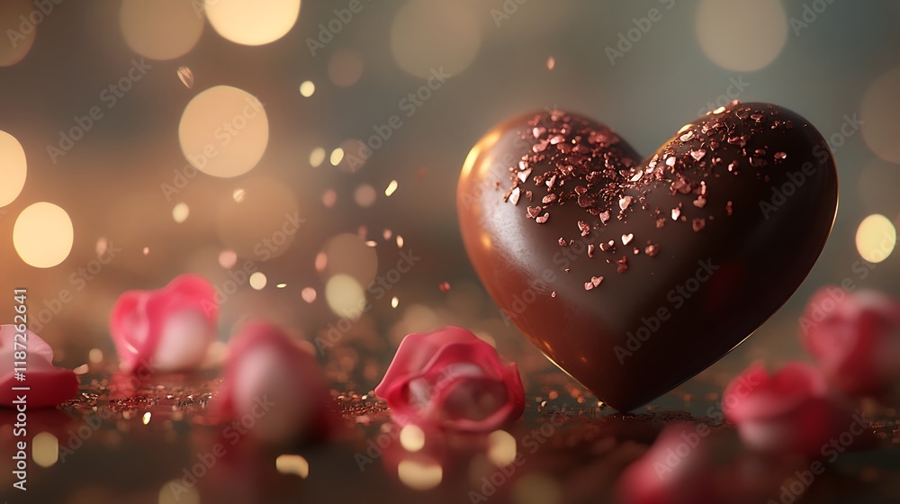 Fototapeta premium Elegant heart-shaped chocolate with a sprinkle of roses on a luxurious background