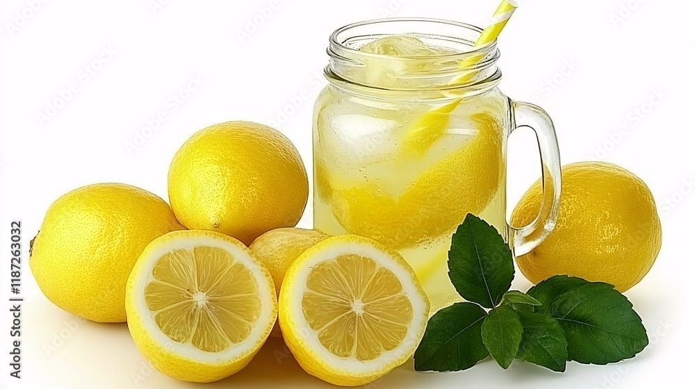 Refreshing lemonade with fresh lemons and mint leaves on a white background Refreshing lemonade with fresh lemons and mint leaves on a white background