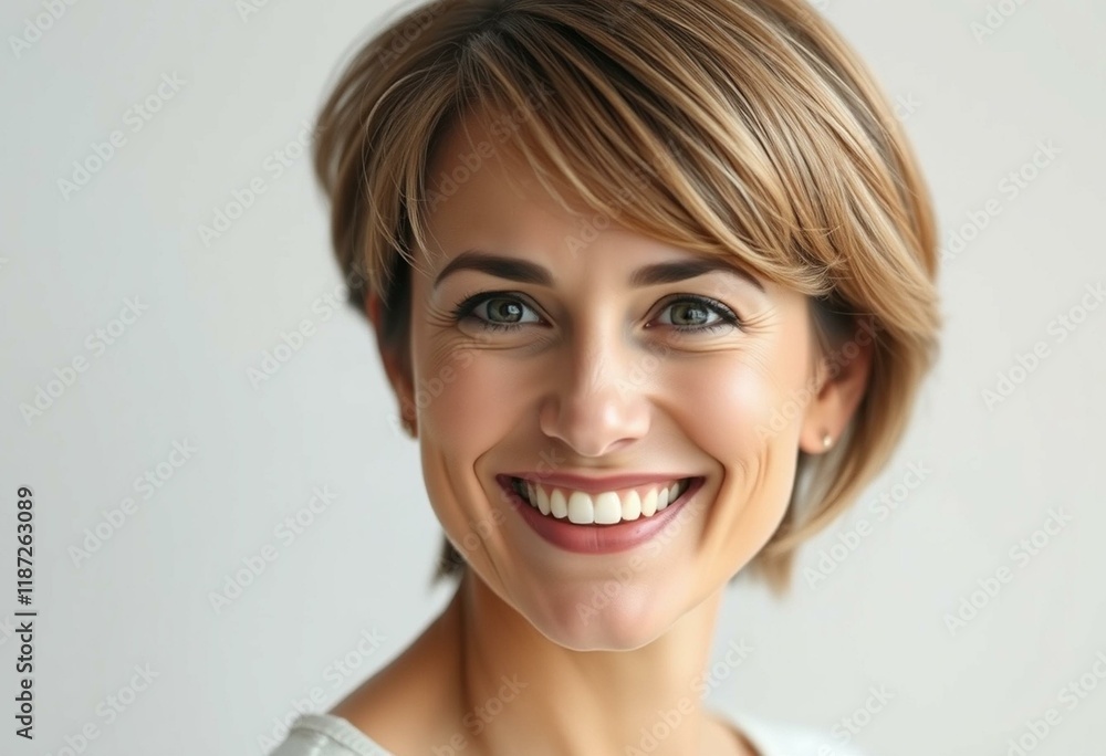 Woman with short hair, smiling with a warm expression Woman with short hair, smiling with a warm expression