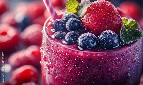 Berry smoothie in glass, healthy drink, fresh berries, close-up, vibrant colors photo