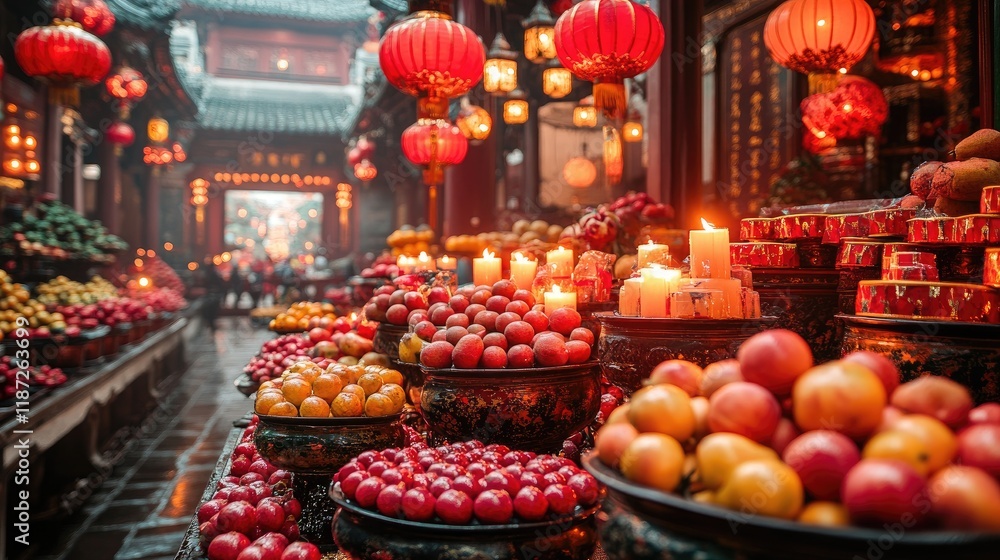 Fruits and candles at a Chinese temple during a festival celebration. Fruits and candles at a Chinese temple during a festival celebration.