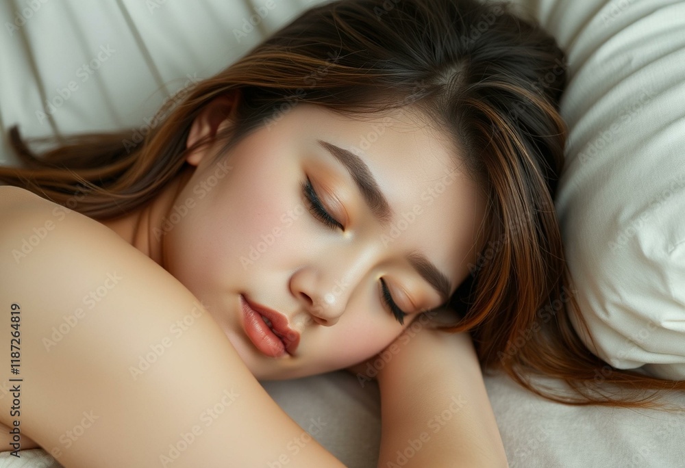 Serene female portrait with sleeping face and clean background Serene female portrait with sleeping face and clean background