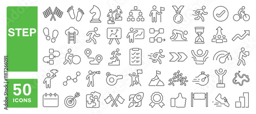 Set of 50 line icons related to step, walk, run, footprint, climb, foot, flow, timeline, plan, toward, up, success, arrive, stair, Editable stroke. Vector illustration