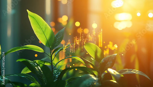 Vibrant green leaves bask in the warm glow of the setting sun, while overlaid digital charts and graphs suggest a prosperous future for sustainable growth. Business growth concept background