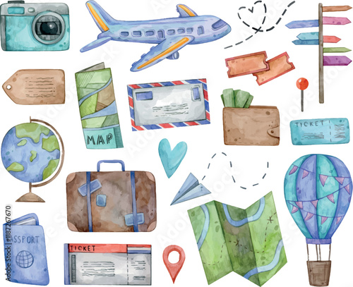 Watercolor hand painted Travel set. Plane, map, balloon, passport, suitcase. Illustration isolated on white background. Use it for postcards, invitations, and scrapbooking.