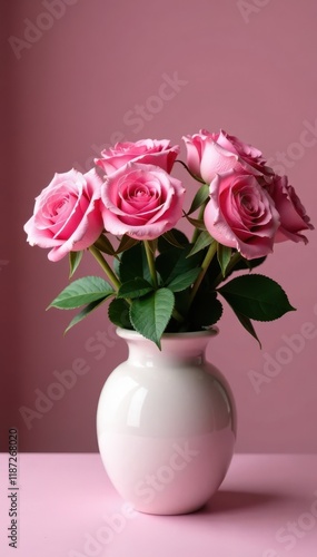 Vibrant pink roses, ceramic vase Close-up view , gift, visual