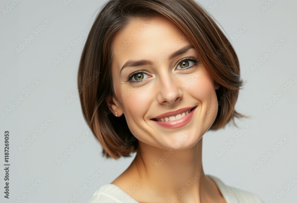 Woman with short hair looking directly at the camera with a gentle smile Woman with short hair looking directly at the camera with a gentle smile