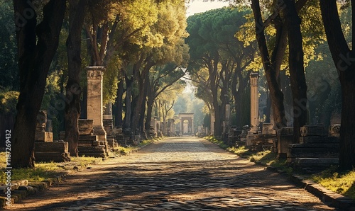 Ancient Roman Garden Path Sunlight photo