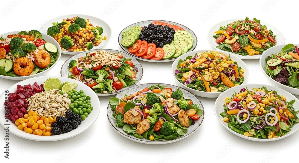 Delicious Healthy Salad Bowls Fresh Greens Chicken Shrimp Vegetables Delicious Healthy Salad Bowls Fresh Greens Chicken Shrimp Vegetables