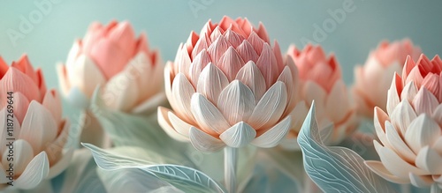 Stunning Close-Up of Delicate Peach and White Flowers,  Digital Art Floral Macro Photography