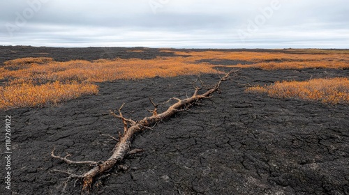 A charred, ash-covered landscape stretches under a gray sky, embodying stark beauty and poignancy in its barren emptiness. photo