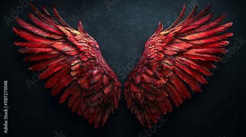 Fiery red angel wings spread on dark background.
