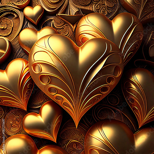 Happy Valentine's Day. Background with metallic gold and red hearts staging on top of each other Greeting card, gift poster, wedding card

