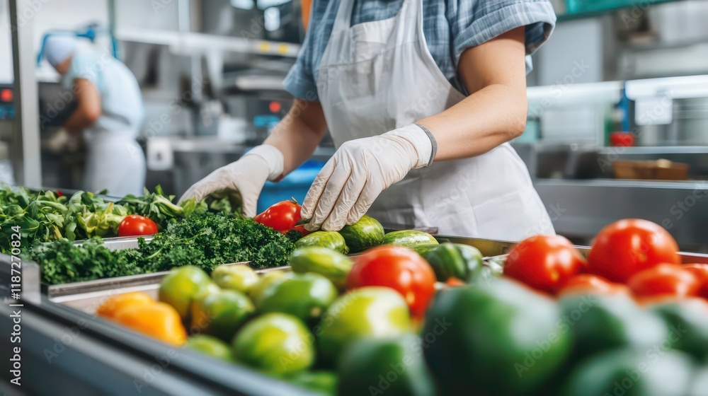 Worker inspecting fresh produce on a conveyor belt in a food processing plant. Worker inspecting fresh produce on a conveyor belt in a food processing plant.